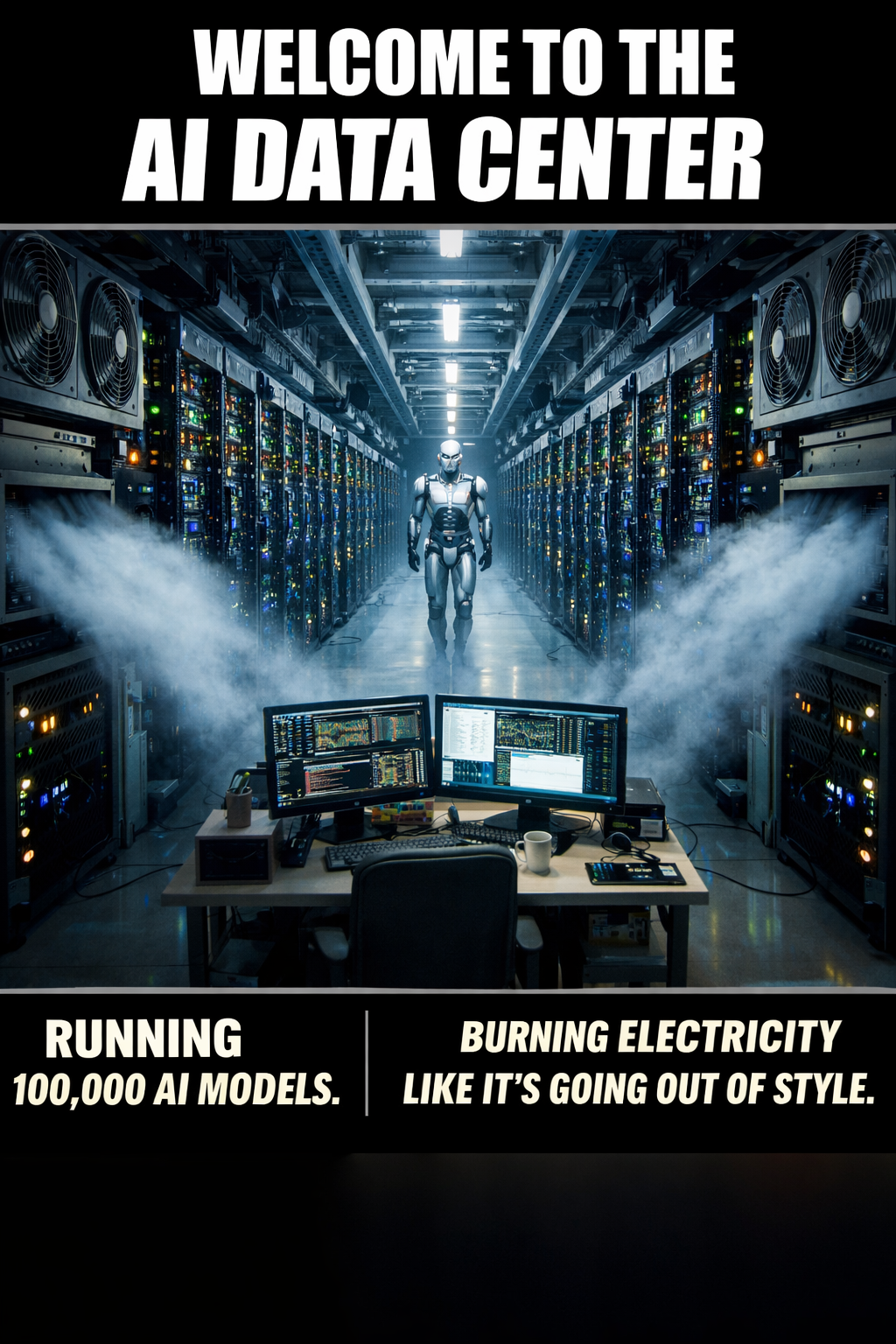 Welcome to the AI Data Center — Running 100,000 AI Models. Burning electricity like it's going out of style.
