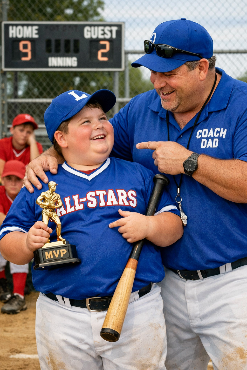 Daddy ball in action — Coach Dad poses with his son holding the MVP trophy